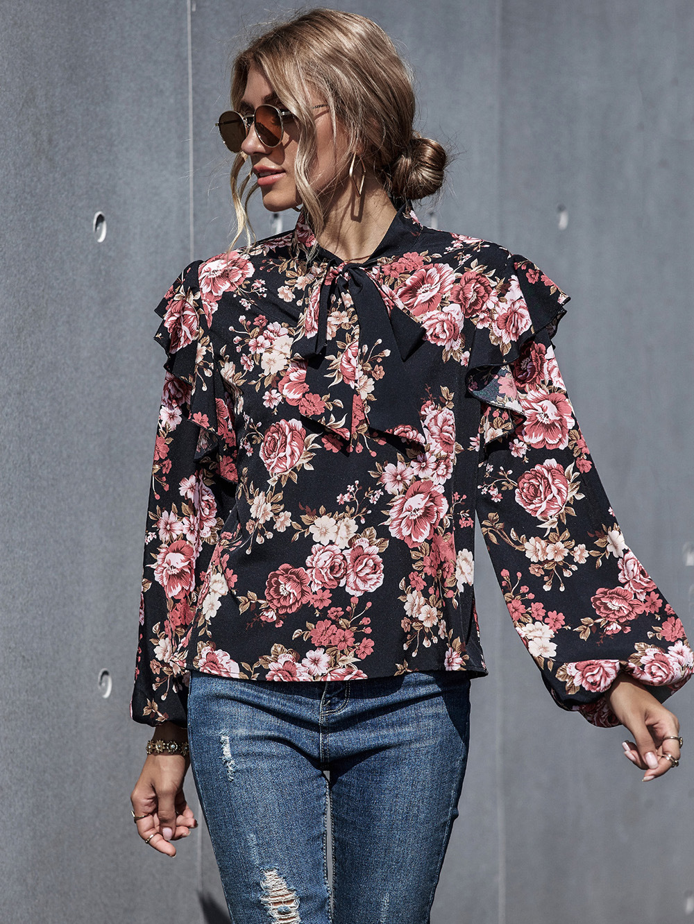 autumn and winter new fashion printed bubble sleeve long sleeve collar tie bow shirt NSDF353