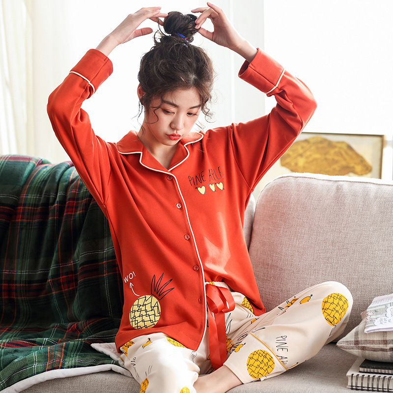 Pijamas traje de primavera y otoño de las mujeres chaqueta de algodón de manga larga ropa para el hogar de las mujeres otoño e invierno se puede usar fuera de traje de dos piezas