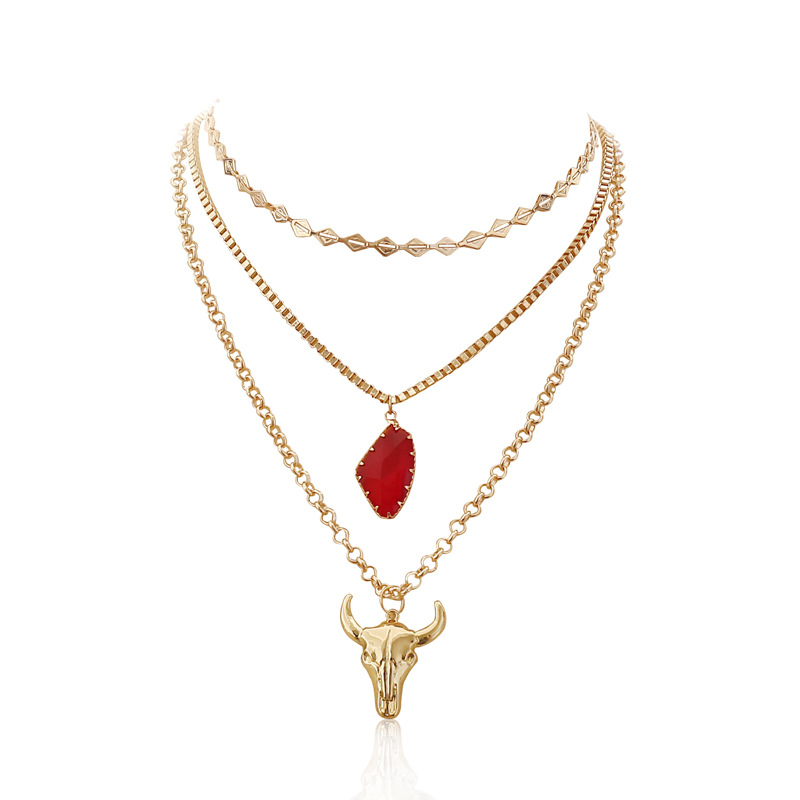 Red Crystal Bull Head Multi-layer Necklace display picture 2