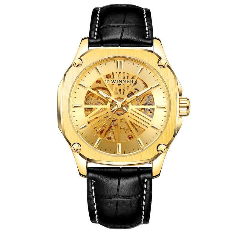 Ganador reloj mecánico automático para hombres moda hueco transparente volante correa de cuero reloj mecánico 8182