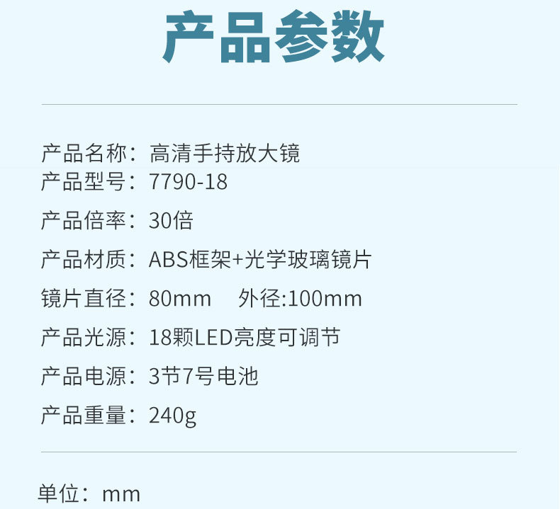 新款30倍18个LED灯冷暖光高倍高清老人阅读维修玻璃放大镜2290-18详情5