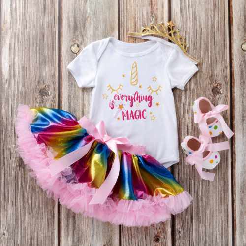 Baby birthday party dresses birthday cartoon dress bow rainbow shawl skirt cover