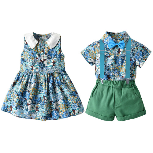 Cross-border summer new style printed shirt and suspender pants set for boys and girls, fashionable sibling outfits, wholesale from foreign trade