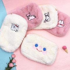 New minimalist cute Instagram fluffy makeup bag with cloud face smile bear travel wash and go makeup storage pouch