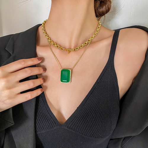 Zhuang Shengsheng Jewelry Hot Sale Ins-style European and American Fashion Trendy Minimalist Layered Necklace Simulated Emerald Set