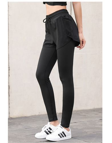 Fake two-piece sports pants for women, running training, fitness pants, slimming, quick-drying, outdoor yoga pants with pockets, bottoming