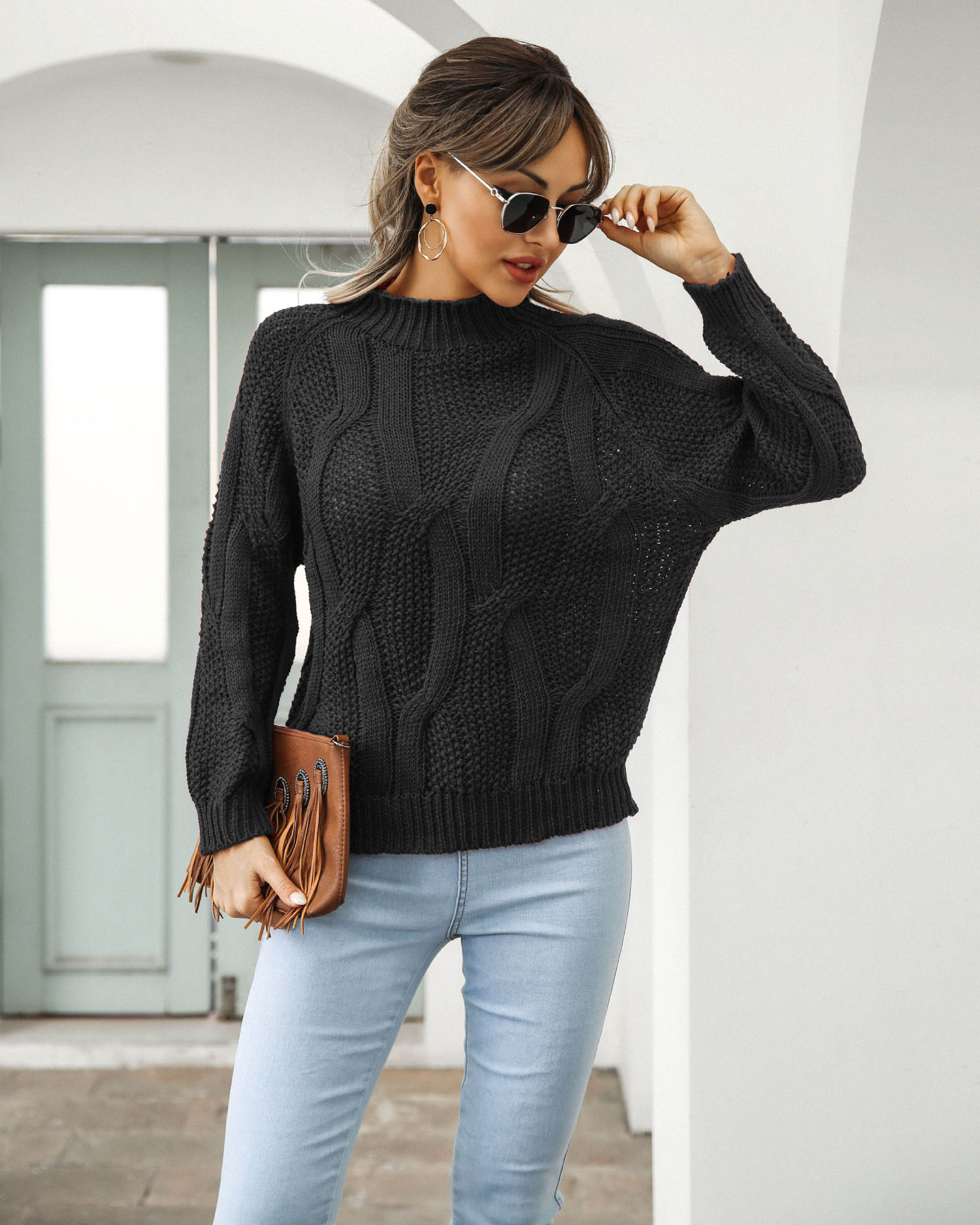 fashion half high neck twist long sleeve pullover sweater NSMY15943