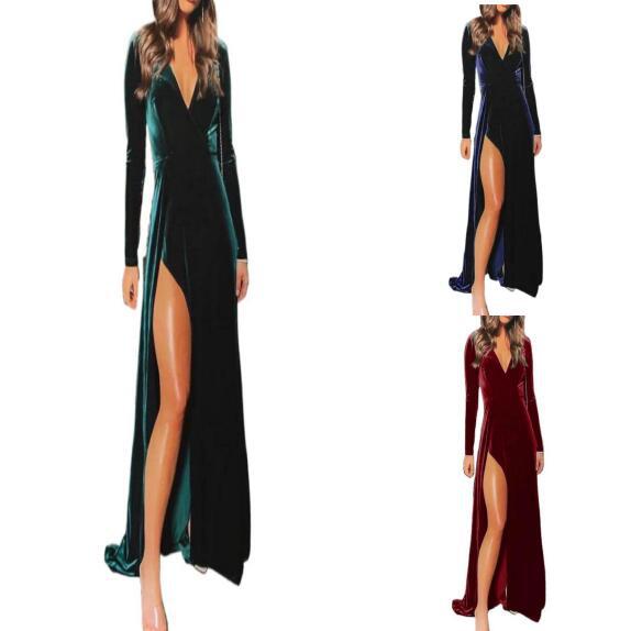 2021年新款跨境欧美亚马逊纯色性感显瘦丝绒V领长袖礼服裙连衣裙