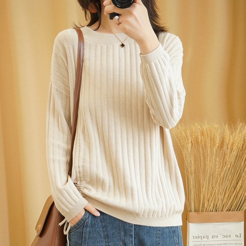 2023 new pure cotton spring round neck cotton and linen sweater women's loose sweater plus size cotton casual base