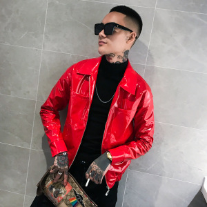 men youth red black leather punk rock jazz dance jackets rapper music production singers coats glossy locomotive social guy suit coat lapel jacket fur clothing wholesale