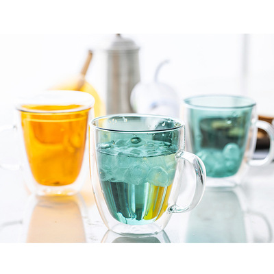 ins创意彩色耐热玻璃双层杯咖啡杯 透明玻璃双层隔热牛奶杯果汁杯|ru