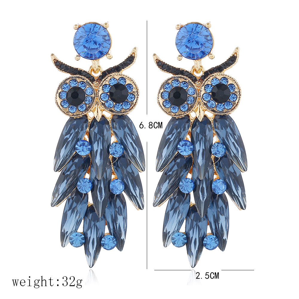 Exaggerated Glass Rhinestone Owl Long Earrings Retro Exaggerated Earrings Animal Earrings display picture 1