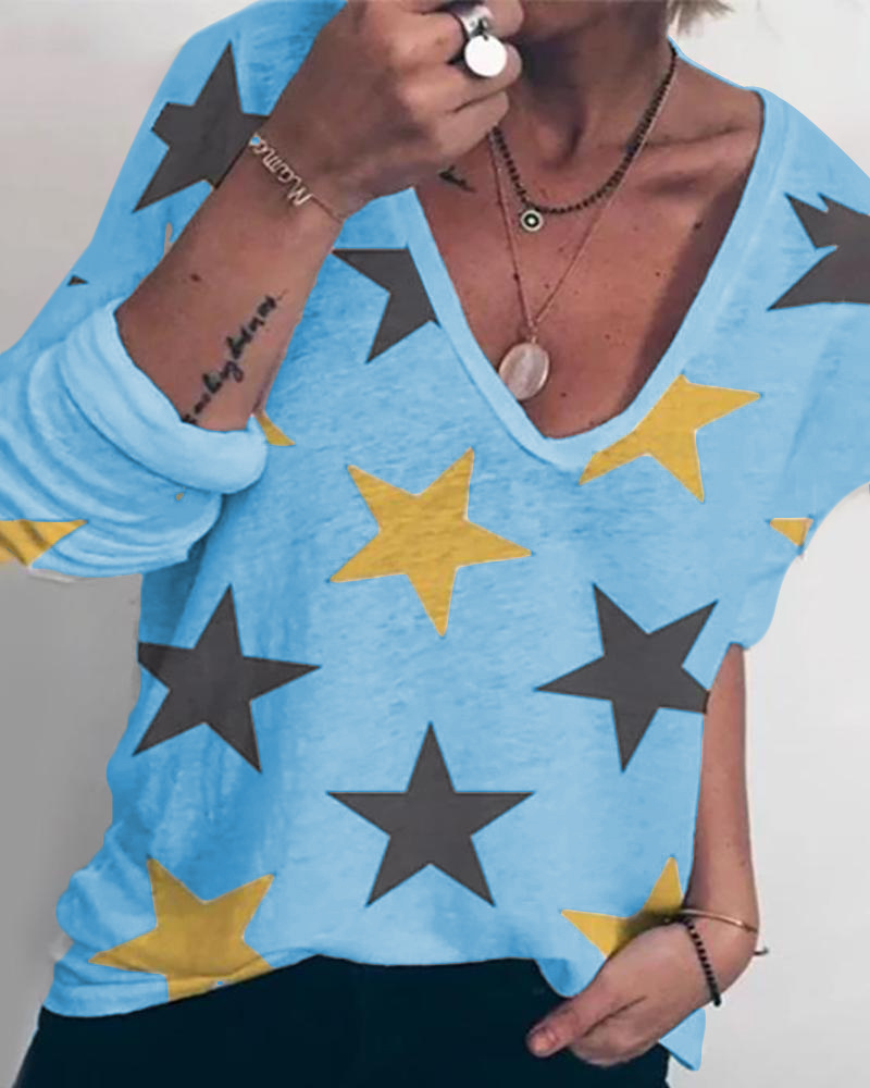  casual loose long-sleeved V-neck printed T-shirt NSKX5951