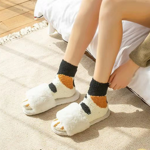 Autumn/Winter New Arrival Plush Socks, Coral Fleece Socks, Thick Warm Floor Socks, Home Cat Paw Print Sleep Socks