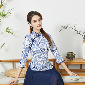 Women Blue and white porcelain printed Chinese qipao tops oriental retro blouses for lady cheongsam ethnic style tang suit for female