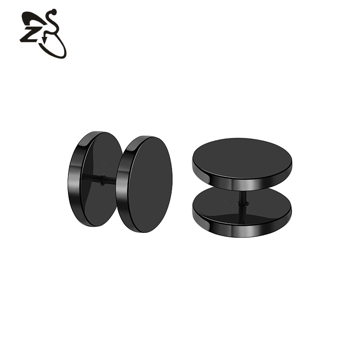 Stainless Steel Round Cake Dumbbell Earrings for Men Women - 14mm Black Earring Accessories Wholesale detail image 9