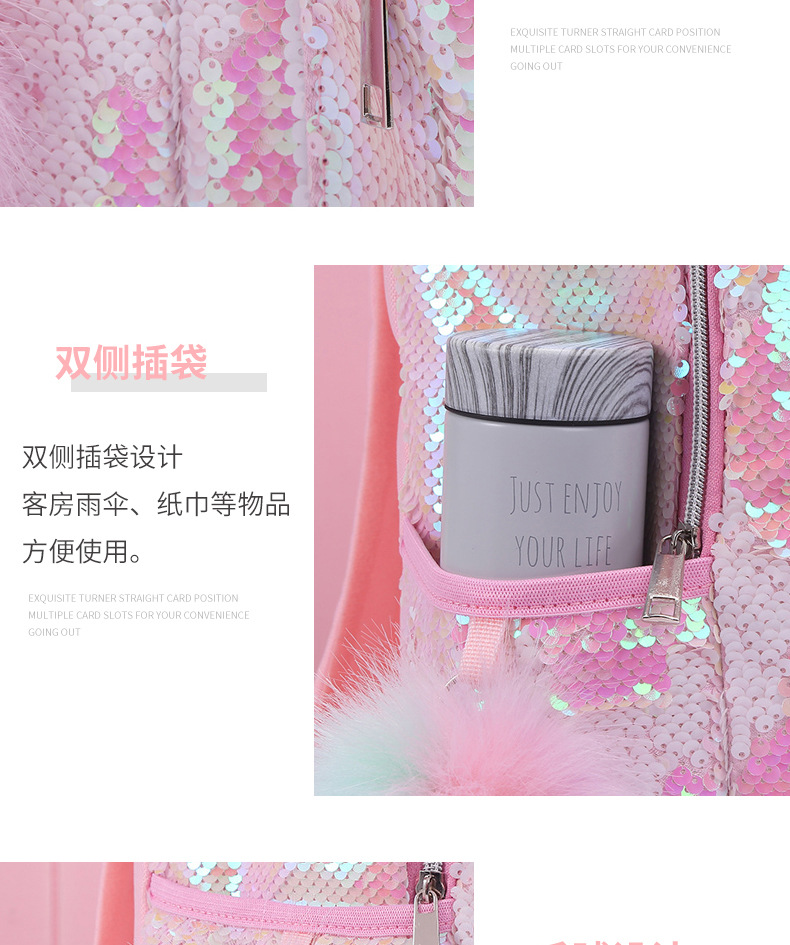 Hooded Unicorn student large-capacity sequined fashionable schoolbag children's outdoor travel backpack detail image 9