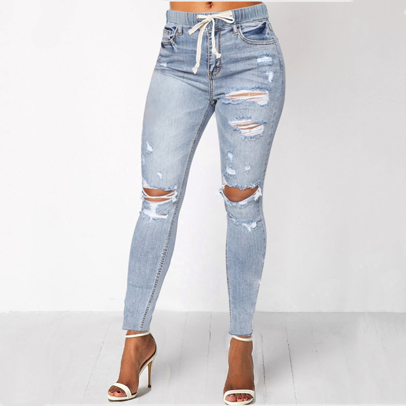 elastic waist ripped jeans  NSCX17768