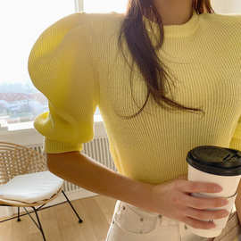 2022新款韩国东大门女装短袖黄色泡泡袖上衣针织衫甜美修身毛衣女