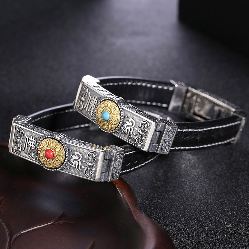 s925 Sterling Silver Vintage Fashion Men's Wheel Six-character True Words Leather Bracelet Thick Personalized Thai Silver Fashion Jewelry
