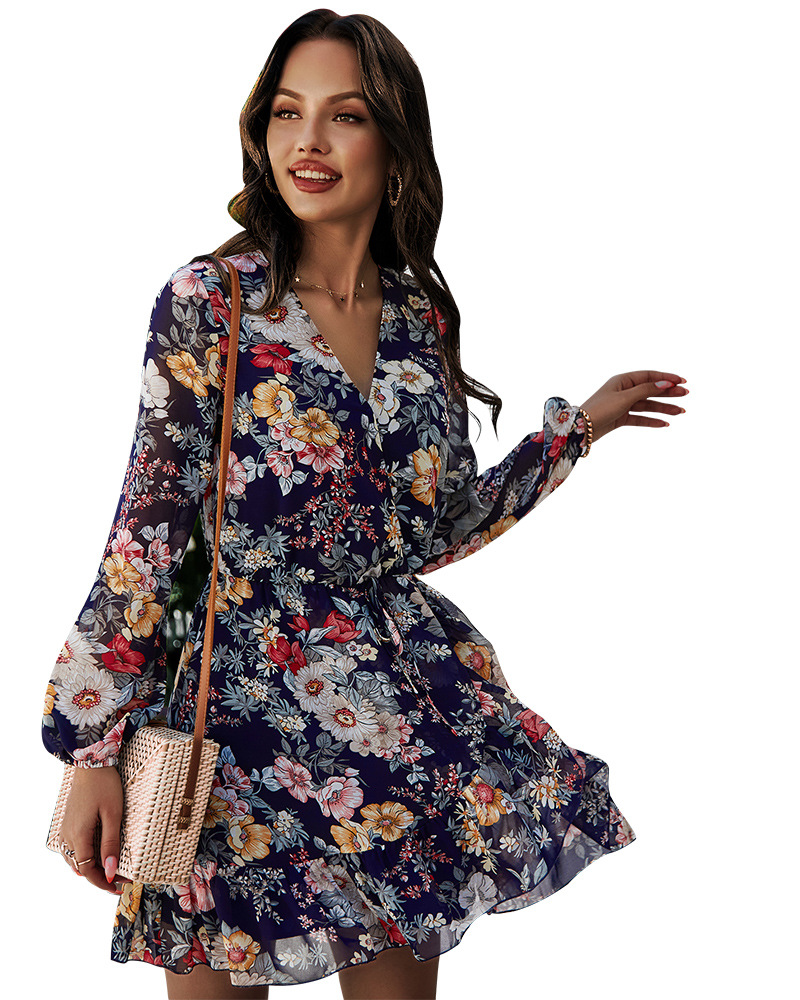 V-neck long-sleeved chiffon print dress  NSDY15647