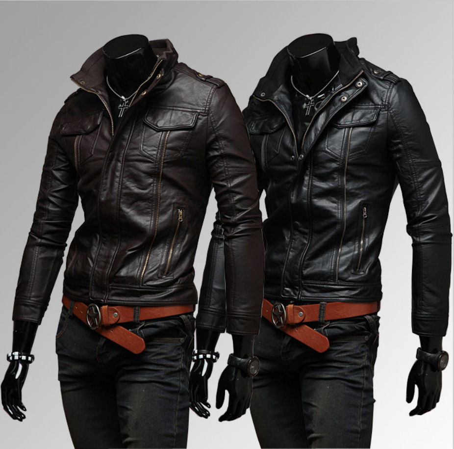 Men's Clothing Autumn and Winter New Pockets Multi zipper Men's Stand Collar Motorcycle Leather Jacket Leather Jacket A153_desvips.com