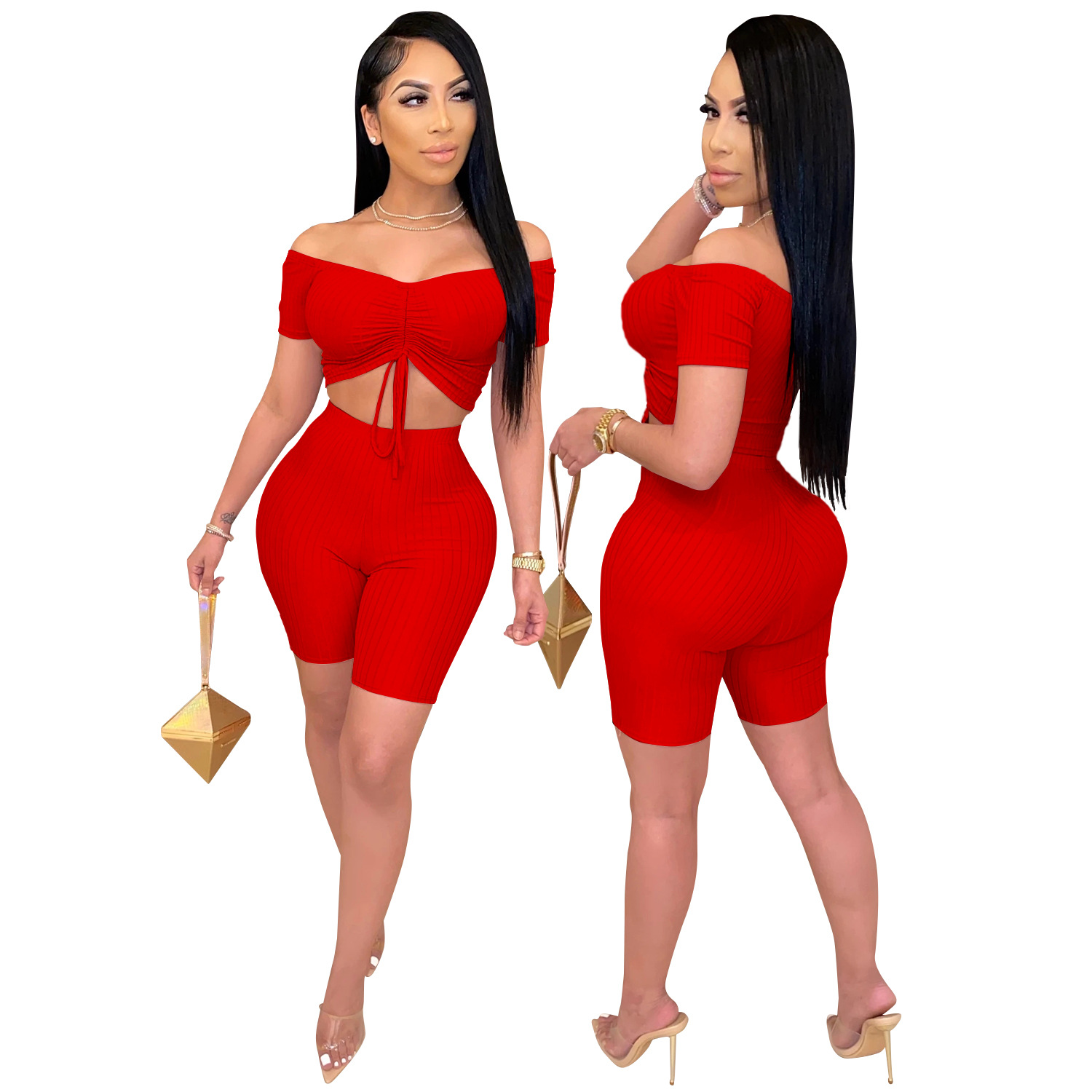 Chest Wrapping One-Shoulder Short Sleeve Drawstring Slim Top & Shorts Set NSFYZ114392