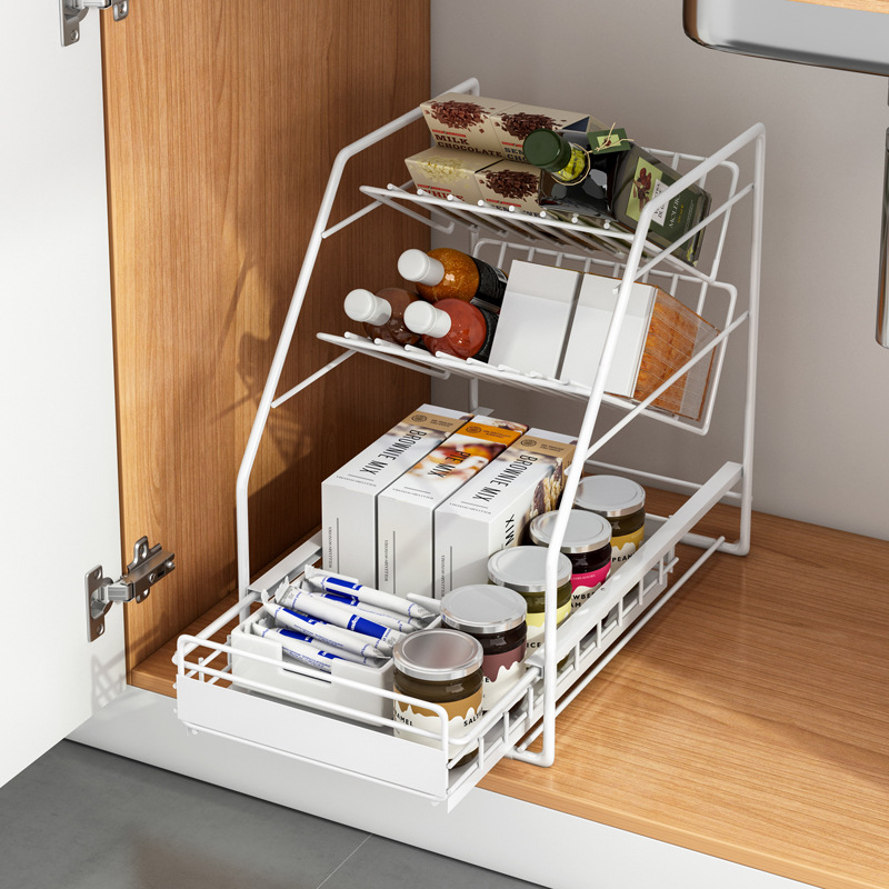 厨房下水槽置物架可伸缩台面2层抽拉式抽屉架子橱柜内分层收纳架|ru