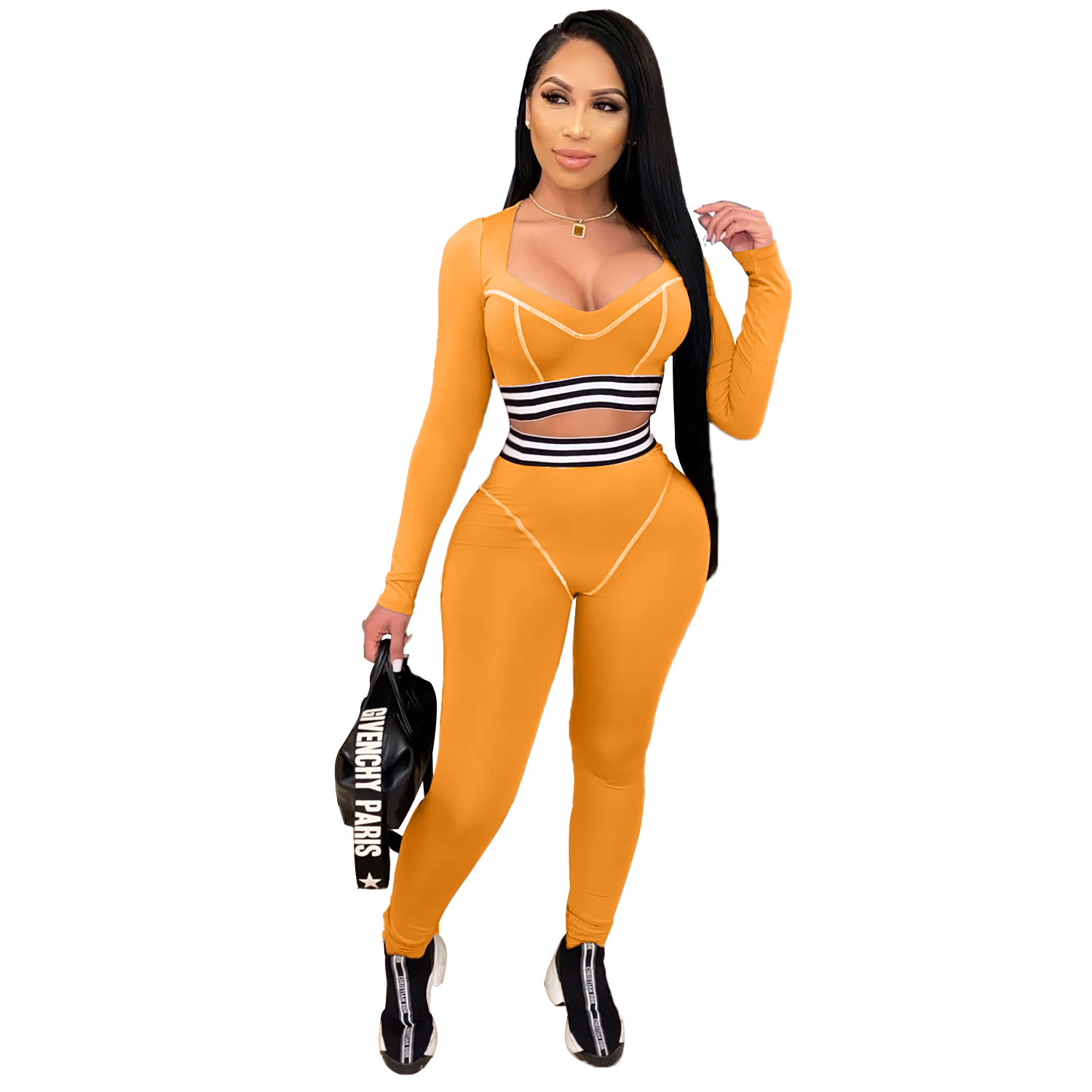 Women's Simple Style Solid Color Cotton Blend Polyester V Neck Tracksuit Wrap Crop Top Skinny Pants Sweatpants display picture 21