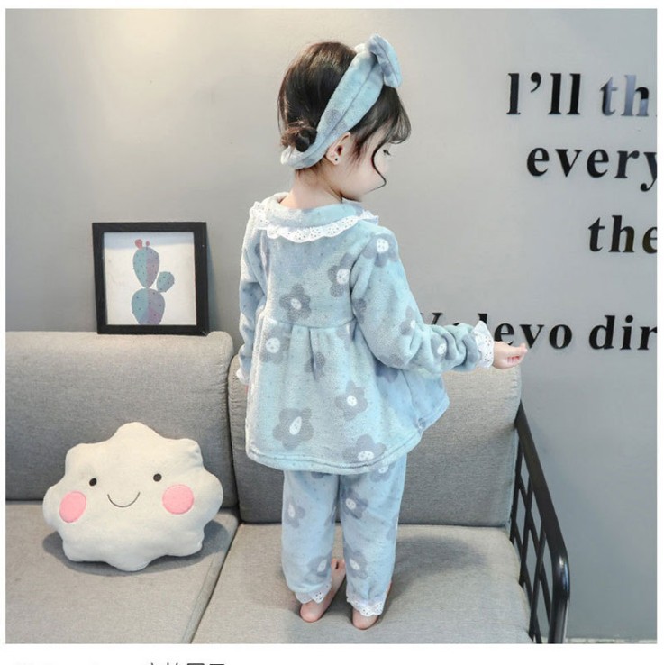 (2개) 2020 겨울 어린이 잠옷 세트 플란넬 풀오버 소녀 홈 의류 헤어밴드 포함