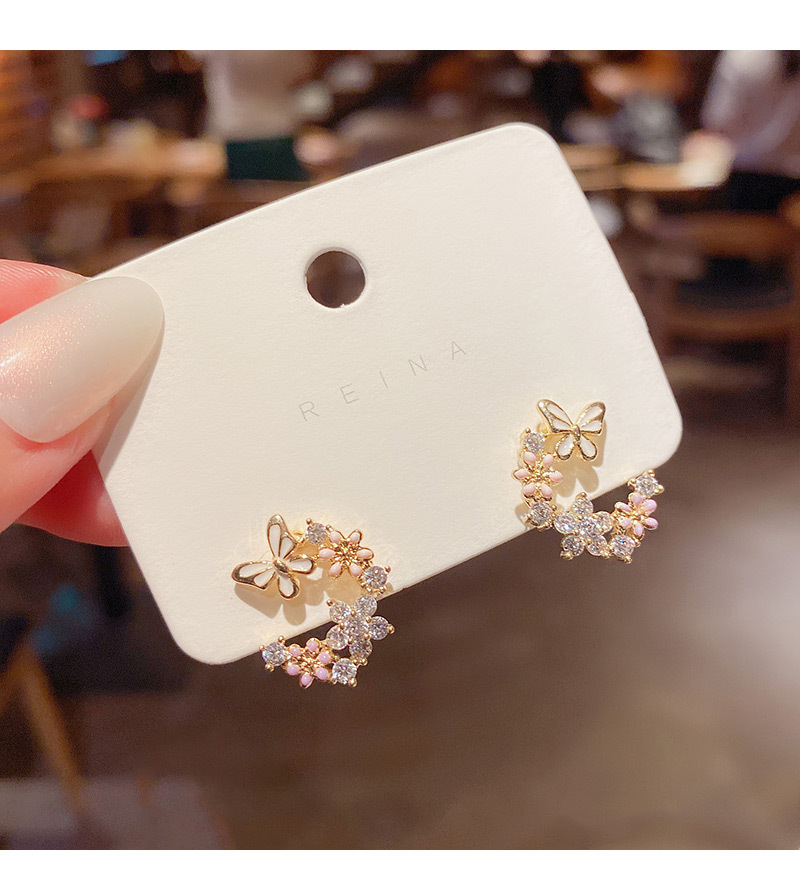 Korean new Cshaped small flower butterfly copper zircon earrings wholesalepicture2