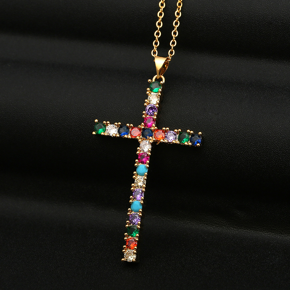 Copper Micro-inlaid Colorful Zircon Cross Pendant Necklace display picture 5