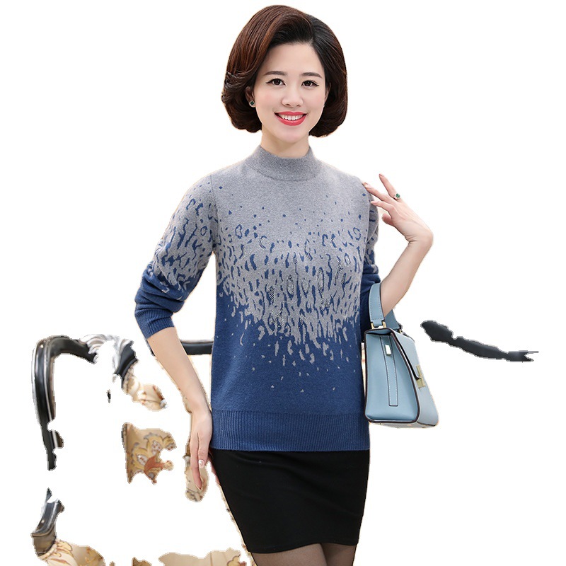Autumn Casual Fashion Women's Leopard Print Pullover Knitwear Middle-Aged and Elderly Women's Base Layer Wholesale Half Turtleneck
