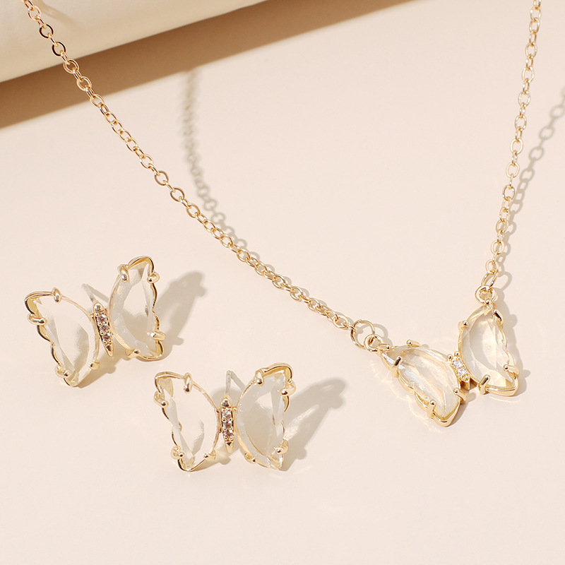 Simple New  Gold Simple Acrylic Diamond Sen Butterfly Pendant Earrings Necklace Clavicle Chain Set display picture 1