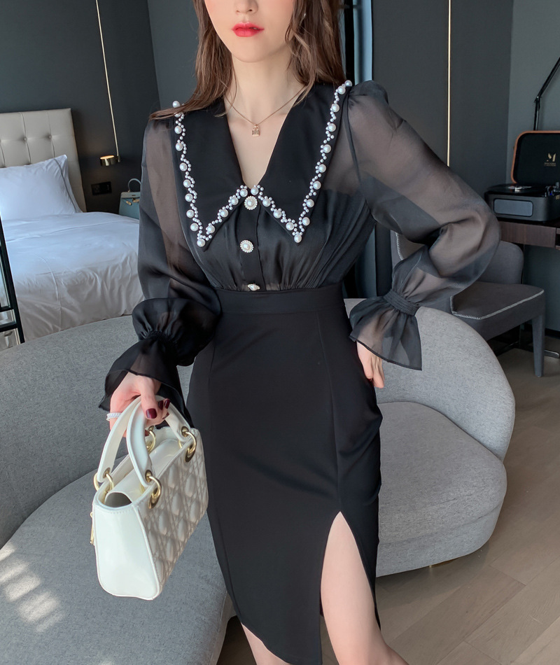 Đầm liền dài tay cổ búp bê xẻ tà ôm eo kiểu Pháp — Màu đen chi tiết 2