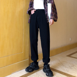 2020 杏色牛仔裤女宽松高腰米白色老爹萝卜裤休闲cec裤子直筒显瘦