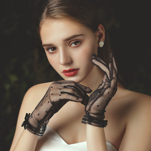 New bridal wedding dress gloves stretch satin simple photo black and white bow gloves