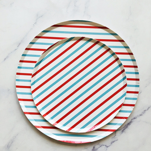 New Style Flat Striped Pizza Plate with Irregular Moon Shape, Disposable Tableware Set for Cakes, Small and Large Plates