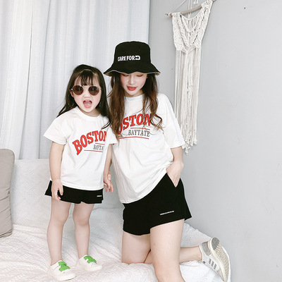 20夏装韩版印花短袖T恤一家三口亲子装 中性小童 男女童装母女装