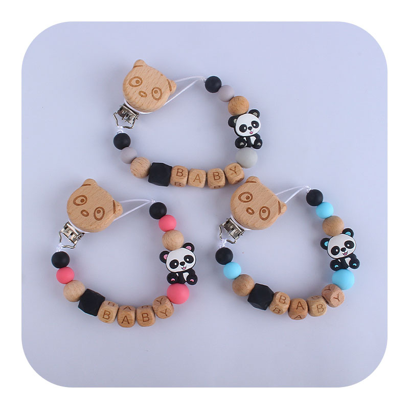 Nombre del bebé personalizable silicona pequeño Panda teether Cadena de chupete Bebé haya chupete clip de juguete de dibujos animados mordedor