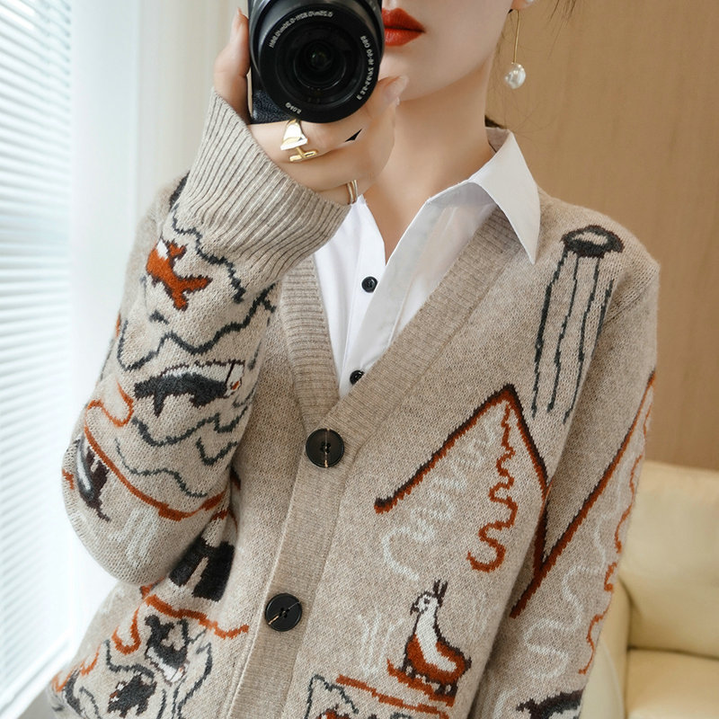 秋冬新款寬松慵懶風女V領羊毛開衫毛衣長袖針織衫羊絨衫加厚外套