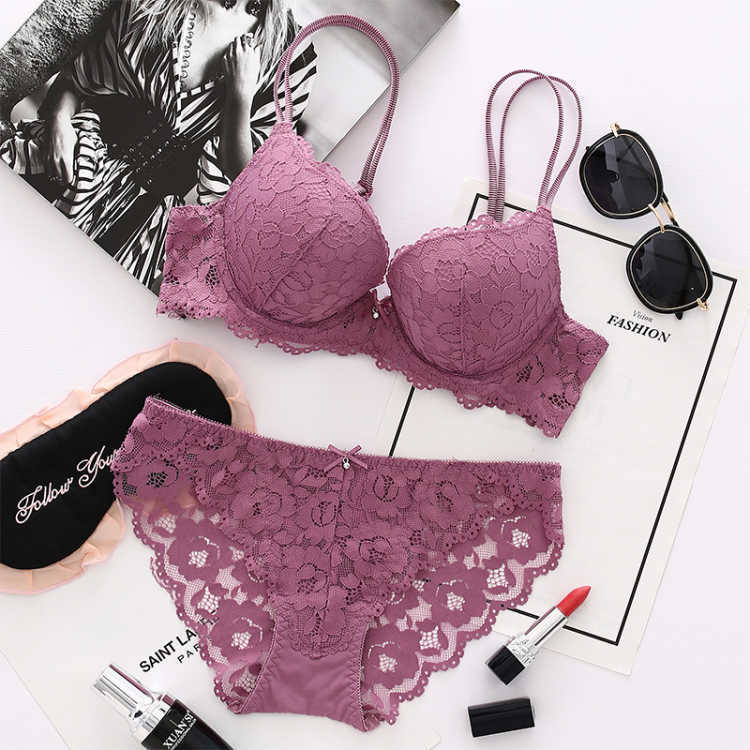 Ventas directas de la fábrica las mujeres europeas y americanas sexy encaje sujetador traje ropa interior belleza volver profundo V pequeño pecho push up cómodo transpirable