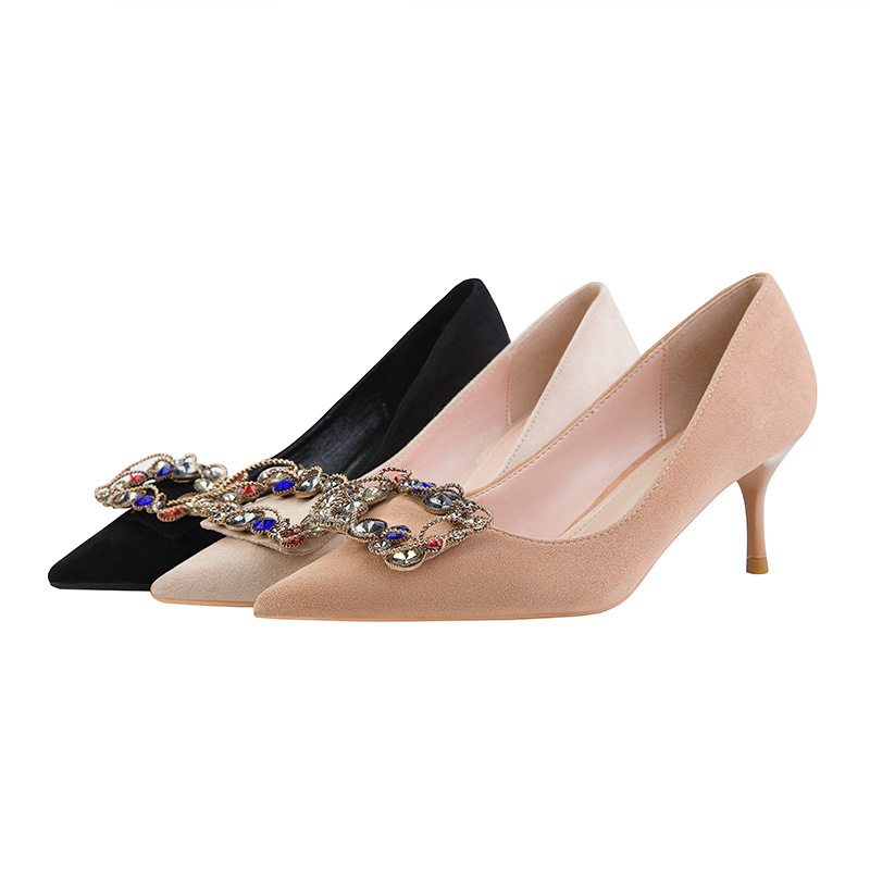 The 121-11 European and American wind sexy party shoes high heel with suede shallow mouth pointed metal diamond square buckle shoes