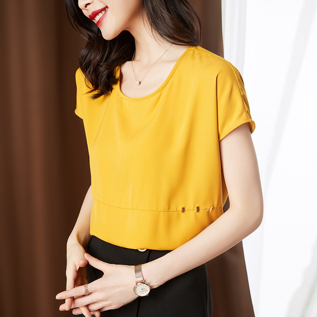 Round neck short sleeve chiffon shirt female summer cover belly top loose T-shirt small shirt