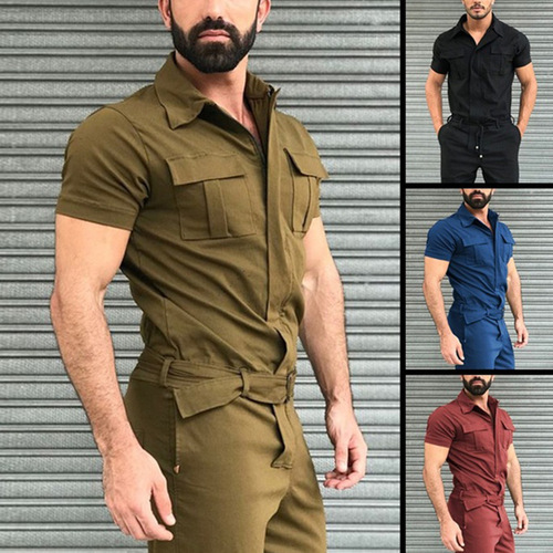  new cross-border men's workwear jumpsuits casual jumpsuits Amazon European and American belted jumpsuits