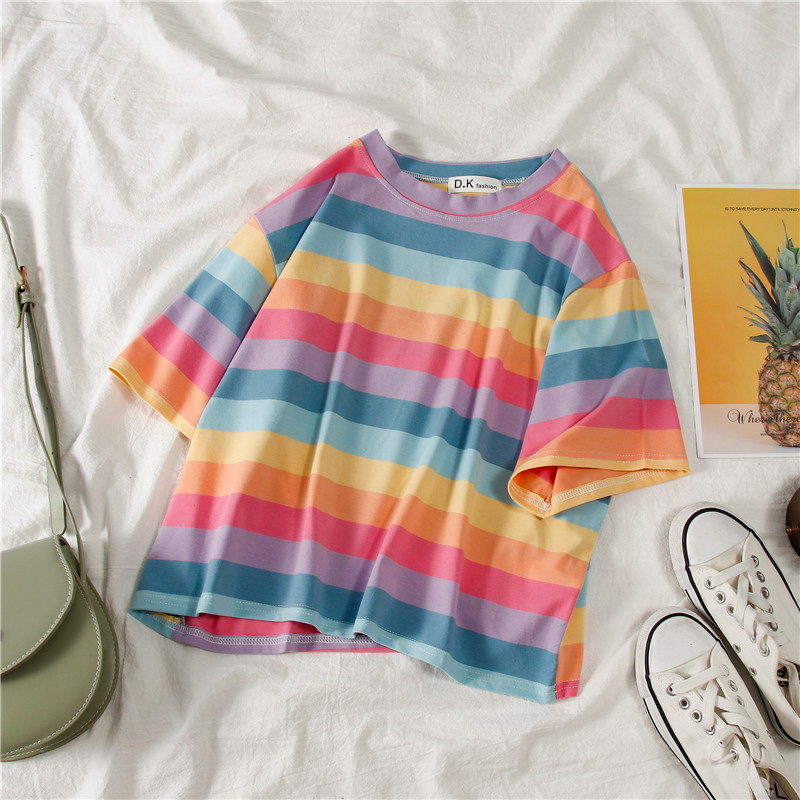 Damen Sommer-Tops T-Shirt Gestreifte Shirts Gestreifte Tees Vintage Heiße Kurzarm-T-Shirts in Übergrößen Lockere Freizeit-Tees – Detail 4