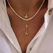 欧美简约原宿街头海星十字架珍珠太阳形镶钻吊坠项链复古4层项链