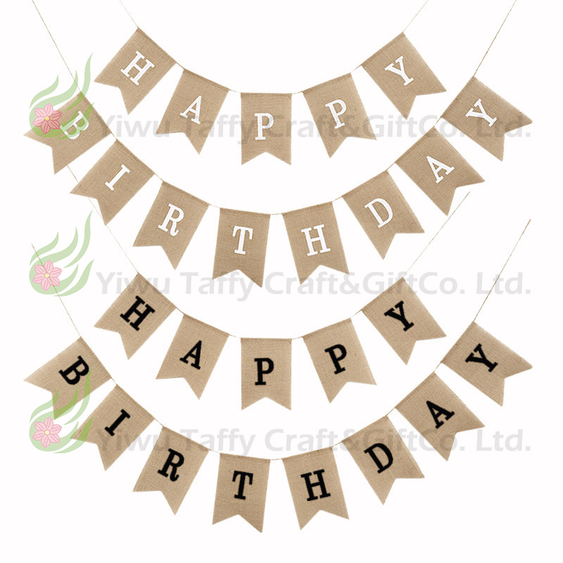 厂家直供生日快乐派对 麻布燕尾旗HAPPY BIRTHDAY麻布拉旗