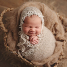 跨境新款新生儿摄影服装 婴儿宝宝照相裹布+帽子 马海毛花边裹纱