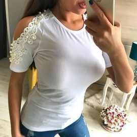 2019新款速卖通Ebay亚马逊 欧美蕾丝钉珠露肩拼接圆领短袖女式T恤